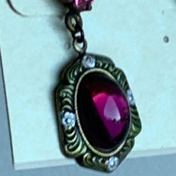 Vtg Banana Bob component earrings purple glass cab pink crystal dangle pierced - Picture 4 of 4